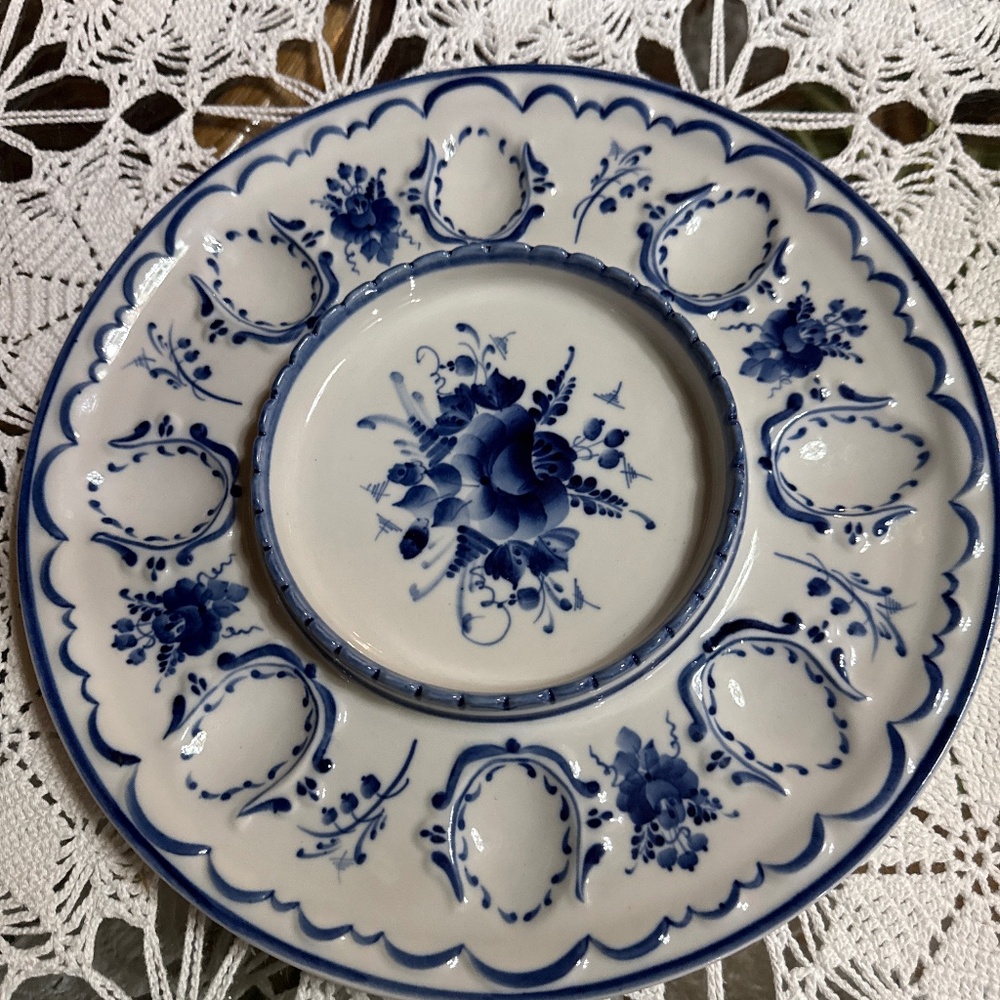 Vintage Gzhel Hand-Painted Oyster or Deviled Egg Plate